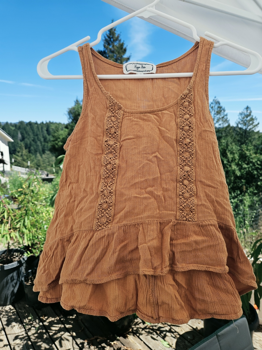 Hippie Rose Boho Crochet Lace Peplum Tank Top XS Rust Brown Festival Cottagecore